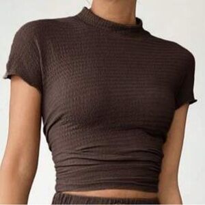 Textured Brown Cinched Crop-Top
